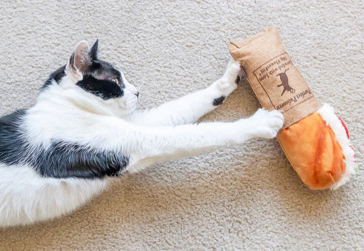 Feline Frenzy tuna baguette cat kicker toy Singapore - catnip kick toy - in use