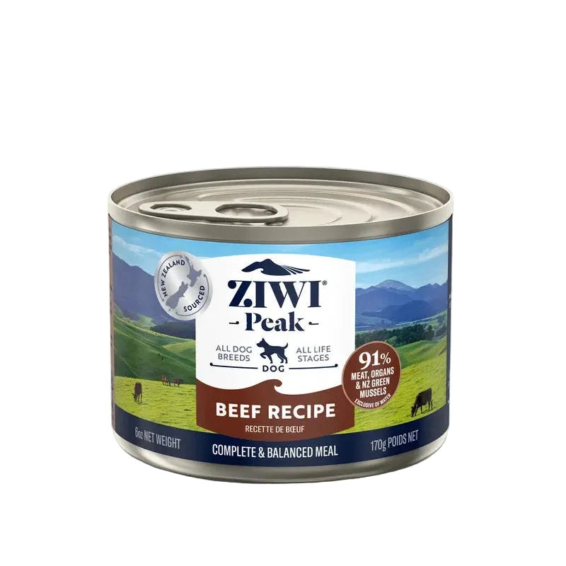 Ziwi Peak beef recipe canned dog food on a white background