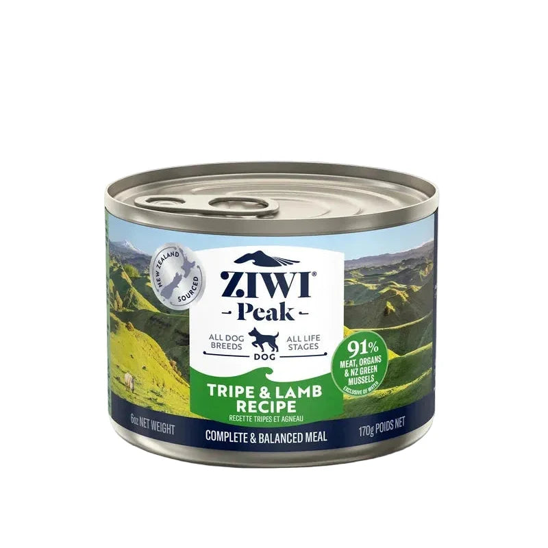 A can of Ziwi Peak Tripe & Lamb Recipe wet dog food, shown on a clean white background. The can features a label with a scenic green mountain landscape and the Ziwi Peak brand logo.
