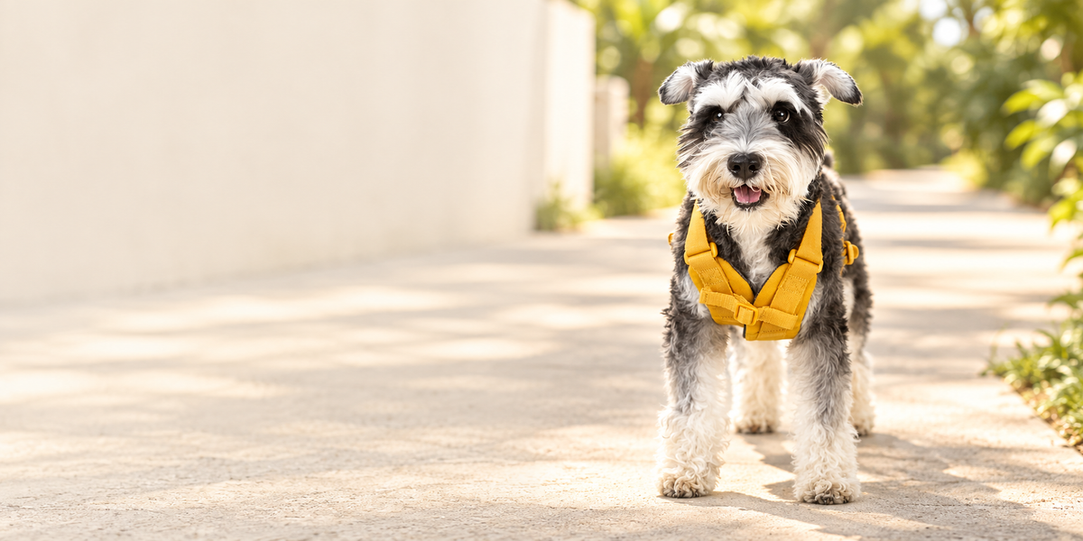 A dog wearing a yellow Sputnik Explore harness