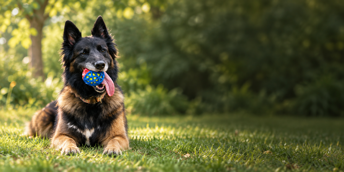 A dog outdoors holding a P.L.A.Y. GoGo Astro Ball