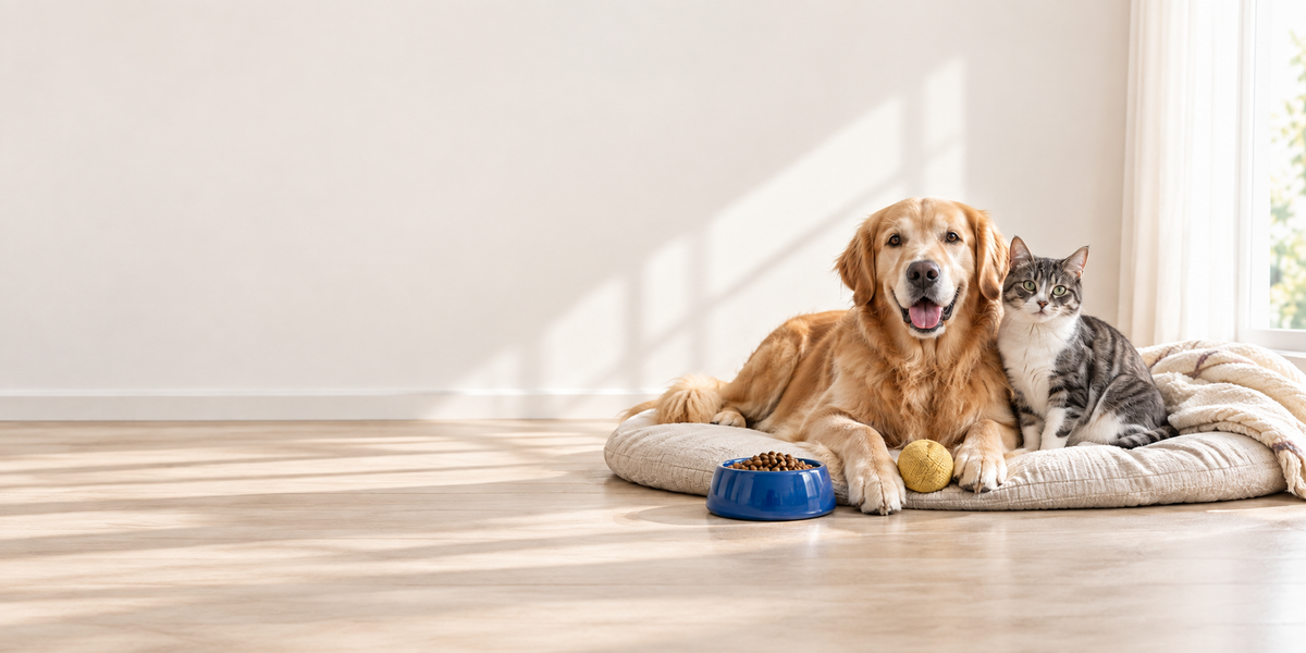 A golden dog resting on a light studio platform