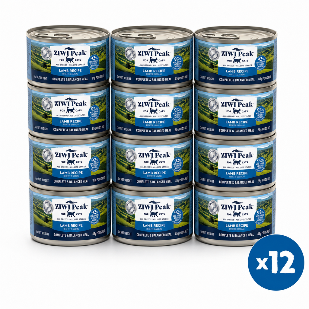 Twelve cans of Ziwipeak cat food arranged in a 3-by-4 grid on a white background, with a blue circular 'x12' badge in the bottom right corner.