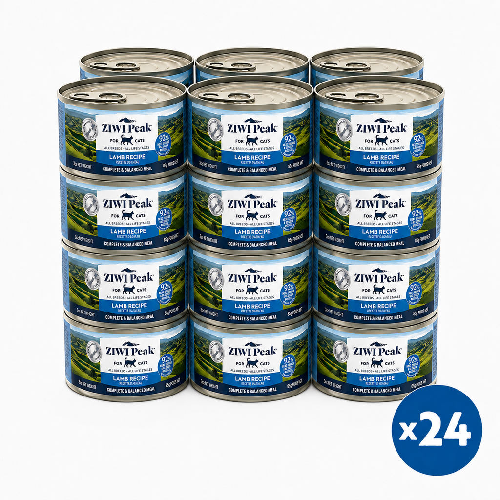 Twelve cans of ZIWI Peak wet cat food, Lamb Recipe, arranged in a 3x4 grid on a white background, with a blue circular 'x24' badge in the bottom right corner.