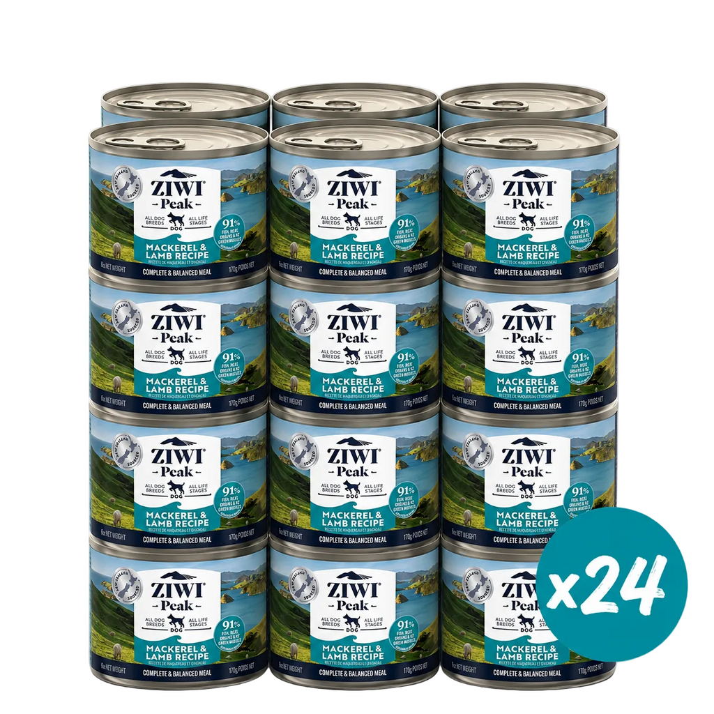 Twelve cans of Ziwt Peak Mac&Meese & Lamb Recipe wet cat food arranged in a 3-by-4 stack on a light gray background, with a teal 'x24' badge in the lower right corner.