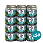 Twelve cans of Ziwt Peak Mac&Meese & Lamb Recipe wet cat food arranged in a 3-by-4 stack on a light gray background, with a teal 'x24' badge in the lower right corner.